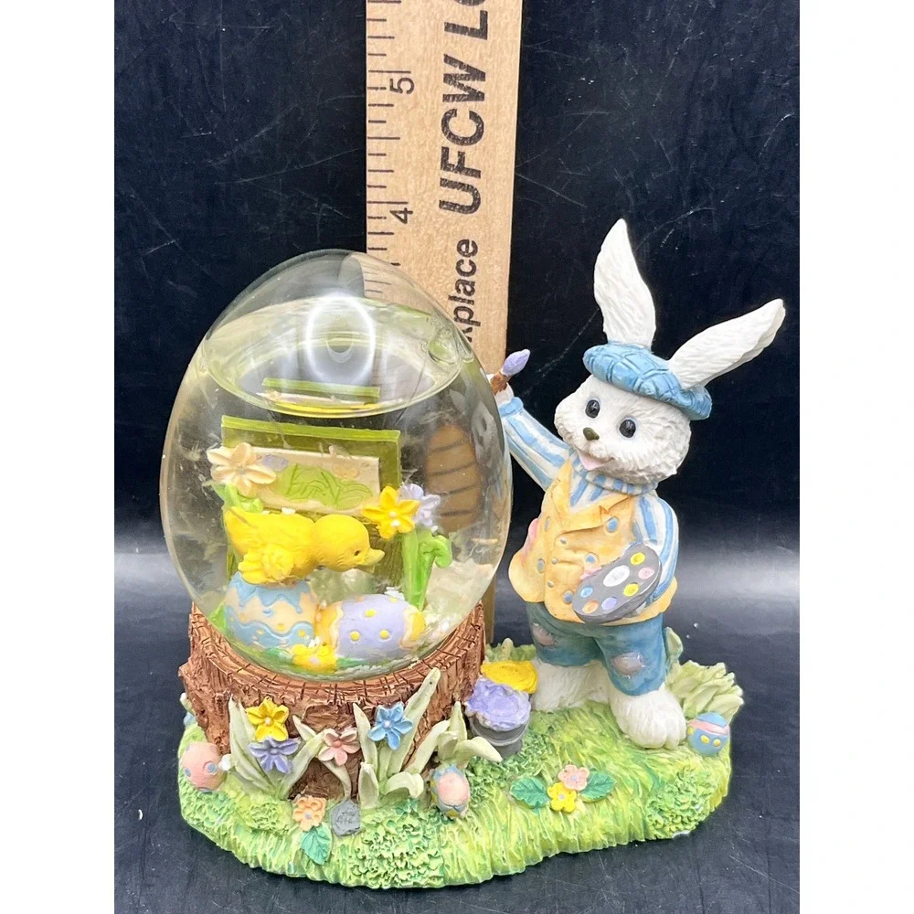 Easter Bunny Painter Water Globe and Lying Rabbit‎ Figurine Set Pastel Decor